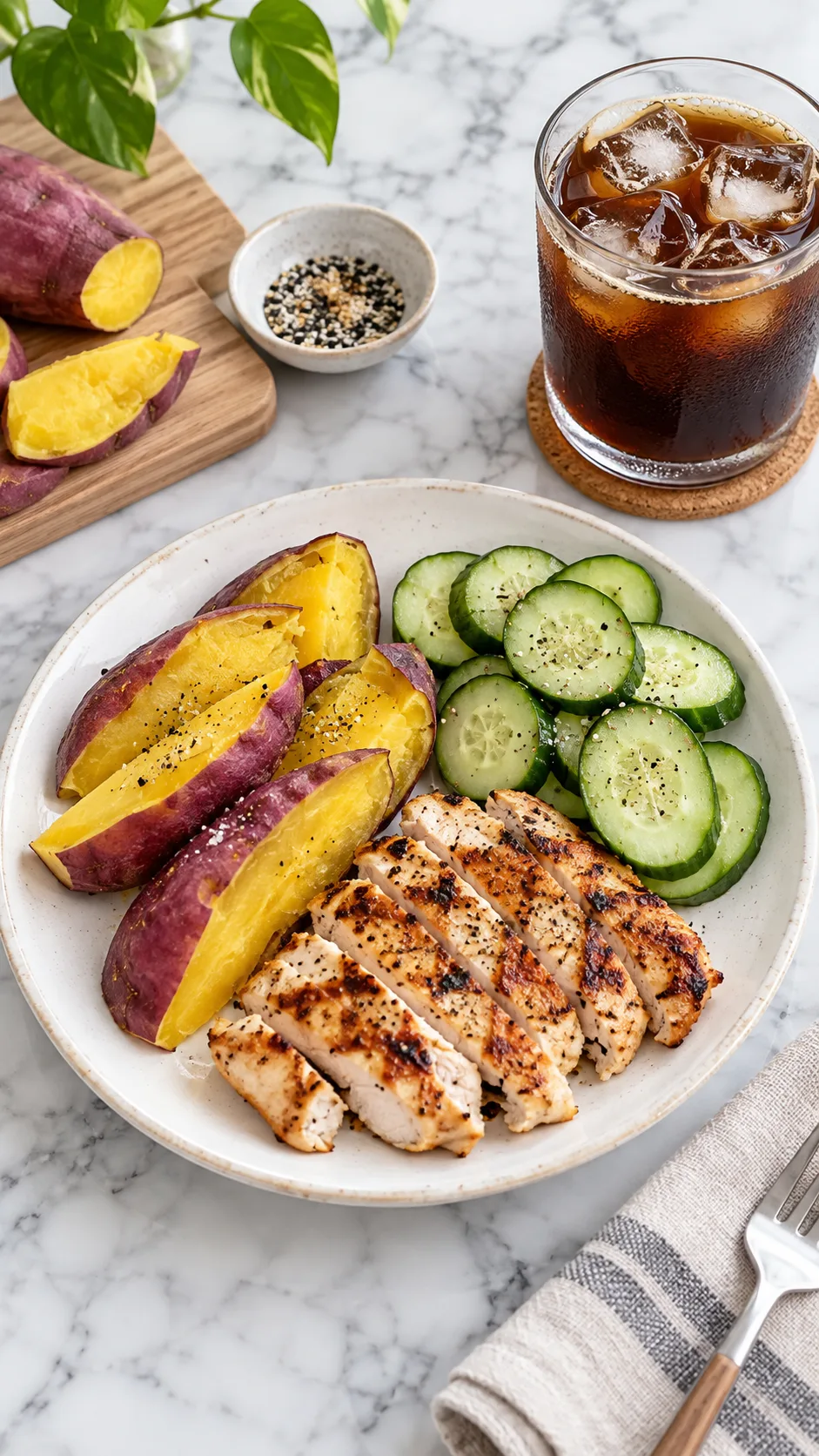 Clean bright flat lay of an idol-style meal preparation: steamed sweet potato wedges, grilled chicken strips, sliced cucumbers, and an iced americano in a glass tumbler on a marble kitchen surface.