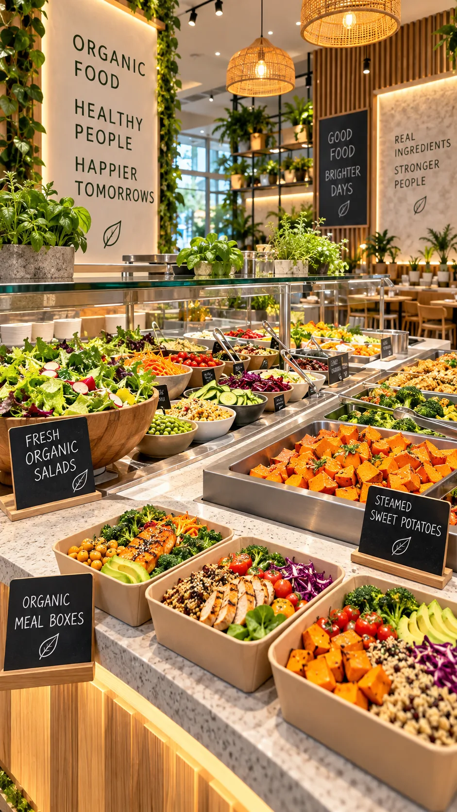 Modern high-end commercial organic cafeteria with colorful salad stations, steamed sweet potato trays, and healthy meal boxes displayed under bright warm lighting.