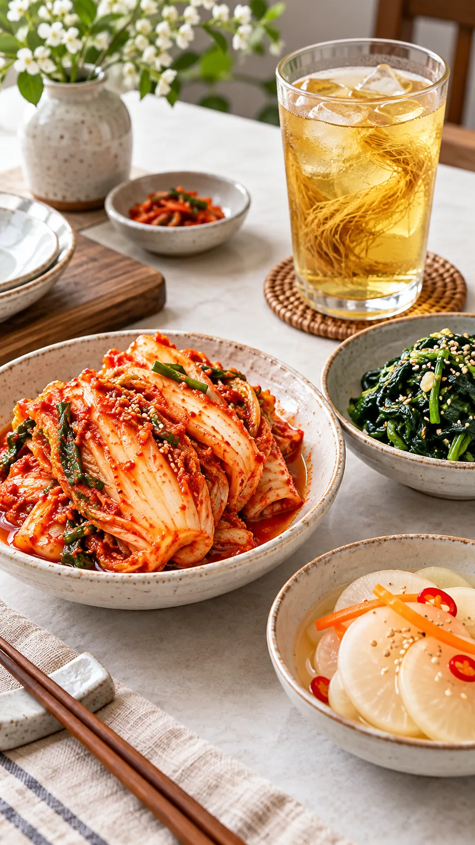 A fresh Korean fermented banchan spread on a clean ceramic table, highlighting baechu kimchi, seasoned spinach, and pickled radish slices beside a clear glass of iced corn silk tea.