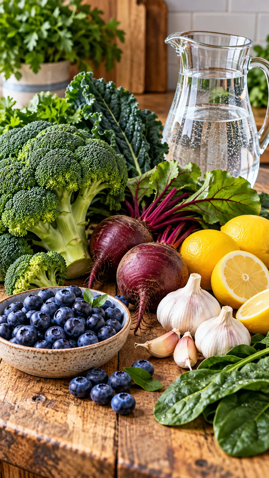 A vibrant kitchen counter showcasing raw whole foods that support liver health: cruciferous broccoli, deep purple beets, lemons, garlic bulbs, dark leafy greens, fresh blueberries, and a glass pitcher of water on rustic wood.