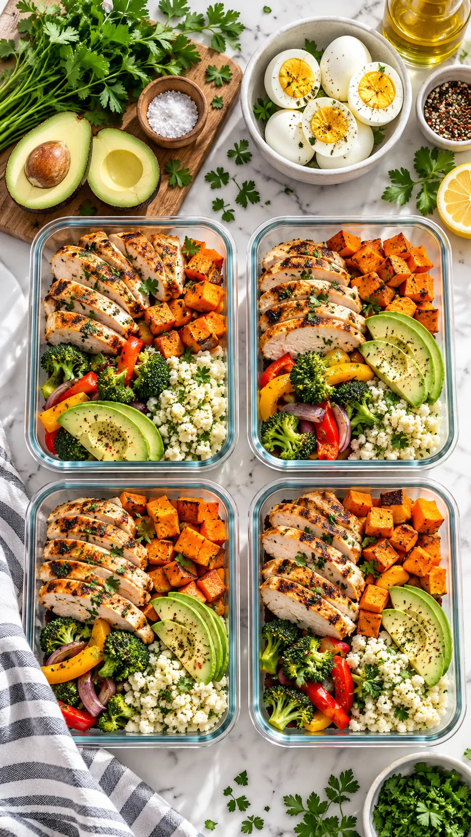 Paleo Meal Prep Made Easy: Dinners, Lunches & Bowls You'll Actually Want to Eat 1 Bright overhead food photography of a weekly paleo meal prep spread on a clean kitchen counter, featuring grilled chicken, roasted sweet potatoes, cauliflower rice, colorful vegetables, avocado, hard-boiled eggs, glass meal prep containers, fresh herbs, natural morning light