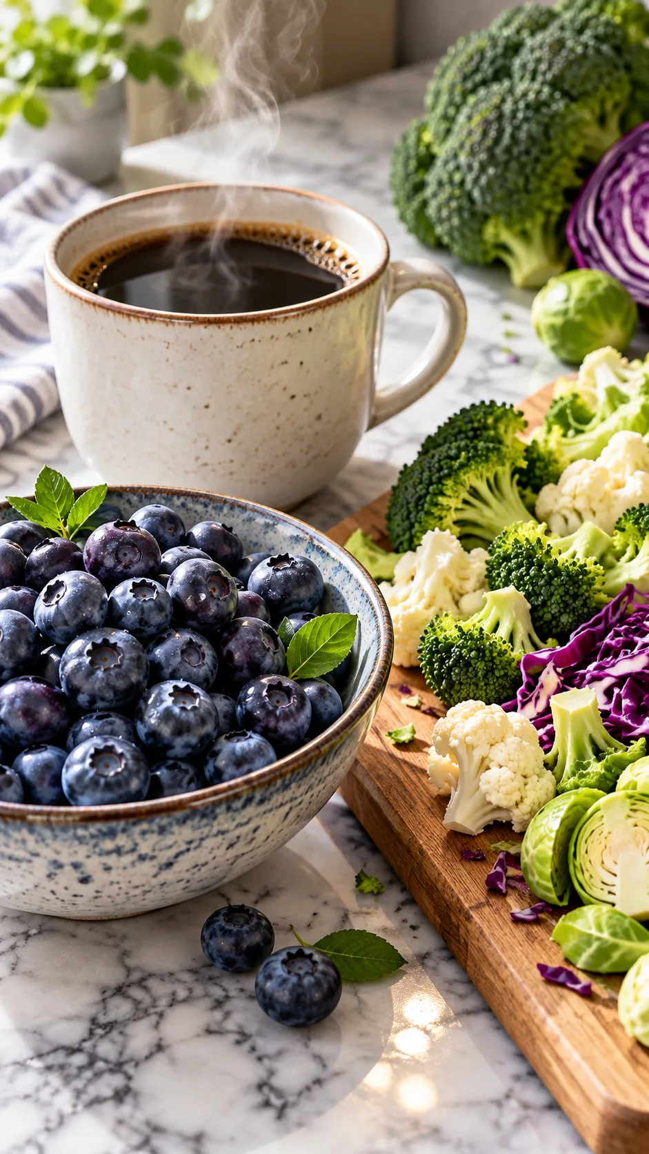 A close-up shot of a steaming cup of freshly brewed black coffee and a vibrant bowl of wild blueberries sitting next to chopped cruciferous vegetables on a marble kitchen table.