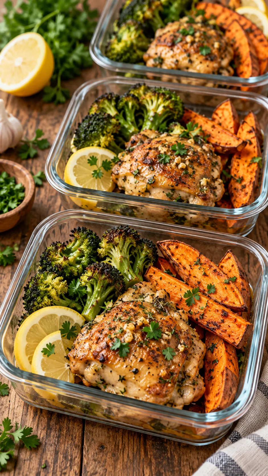 Paleo Meal Prep Made Easy: Dinners, Lunches & Bowls You'll Actually Want to Eat 3 Rustic paleo dinner meal prep containers with garlic herb chicken thighs, roasted broccoli, sweet potato wedges, fresh lemon slices, parsley garnish, warm natural food photography