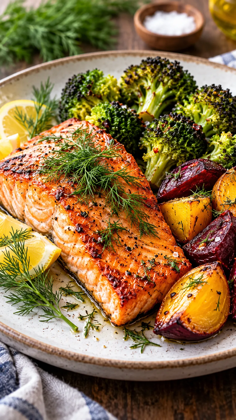 A delicious, colorful dinner plate featuring seared wild salmon garnished with fresh dill, accompanied by vibrant roasted broccoli florets and golden roasted beets.