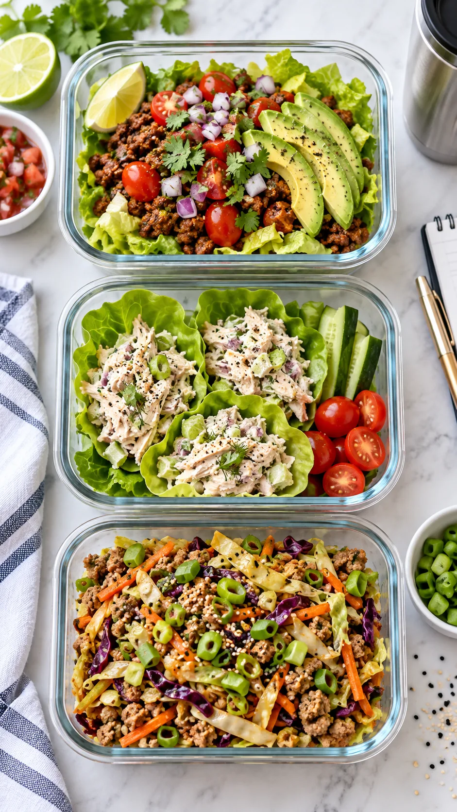 Paleo Meal Prep Made Easy: Dinners, Lunches & Bowls You'll Actually Want to Eat 4 Top-down photography of three colorful paleo lunch meal prep containers: taco salad with ground beef and avocado, chicken salad lettuce cups, and egg roll in a bowl with cabbage and green onions, bright office lunch aesthetic
