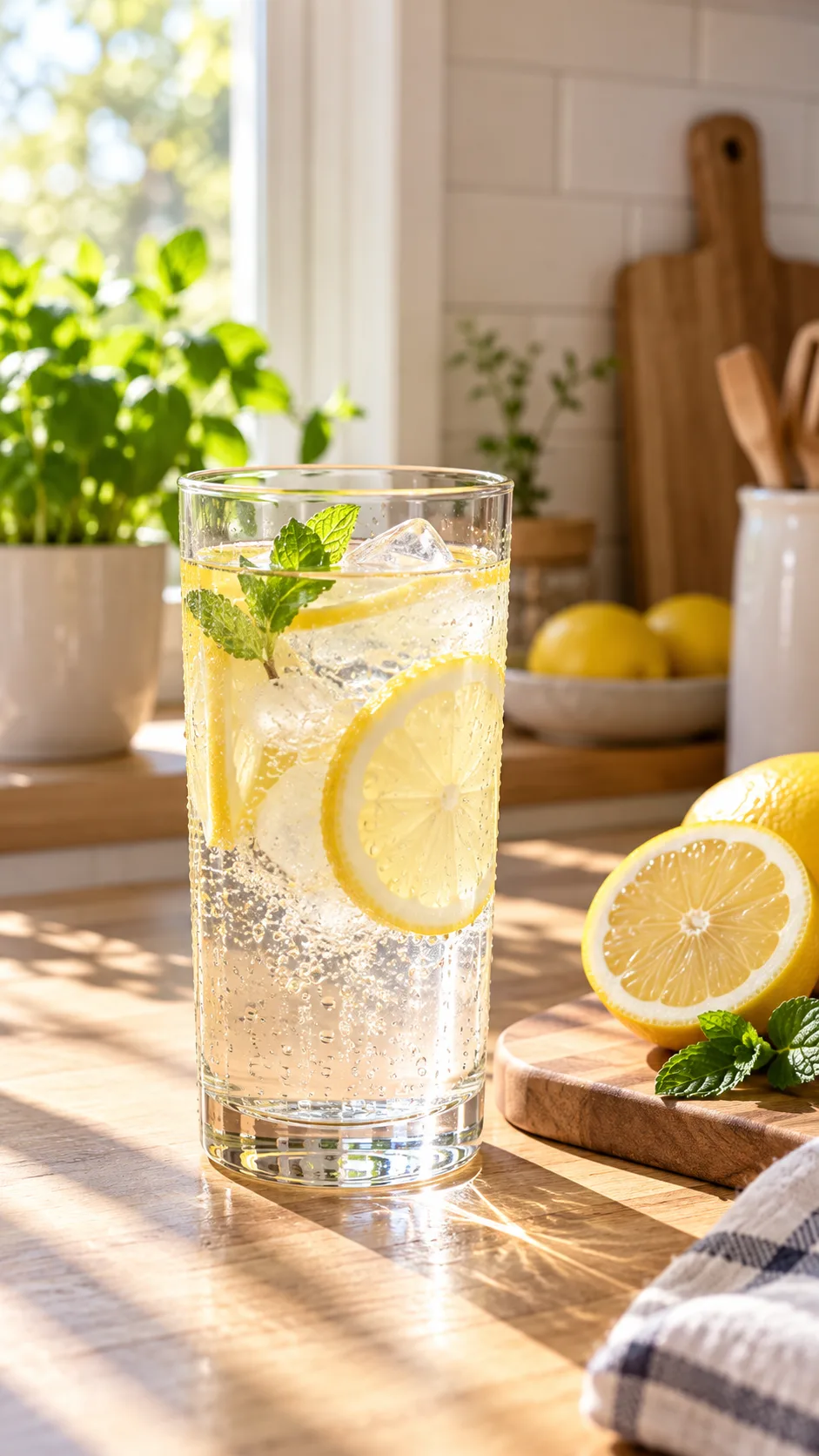 A calm morning wellness setup featuring a tall clear glass of fresh lemon water, a slice of lemon on the side, and morning sunlight spilling across a tidy wood kitchen counter.