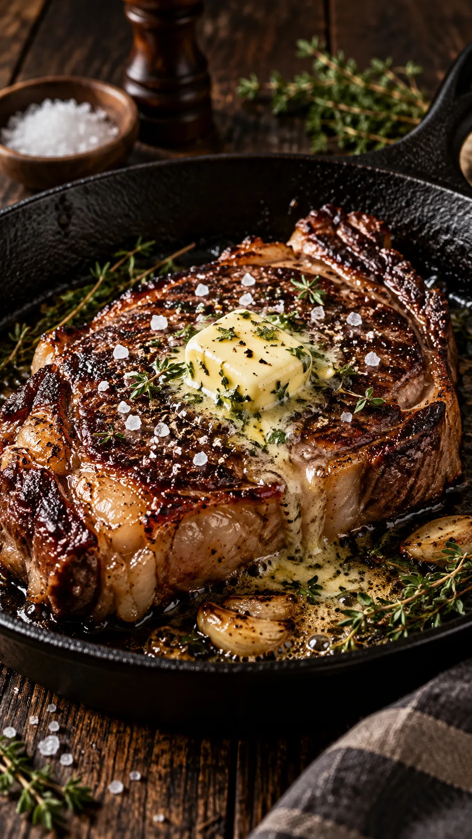 A sizzling cast-iron skillet filled with thick ribeye steak, golden butter melting on top, with sea salt flakes, rustic dark wooden table background, dramatic warm lighting, professional food photography