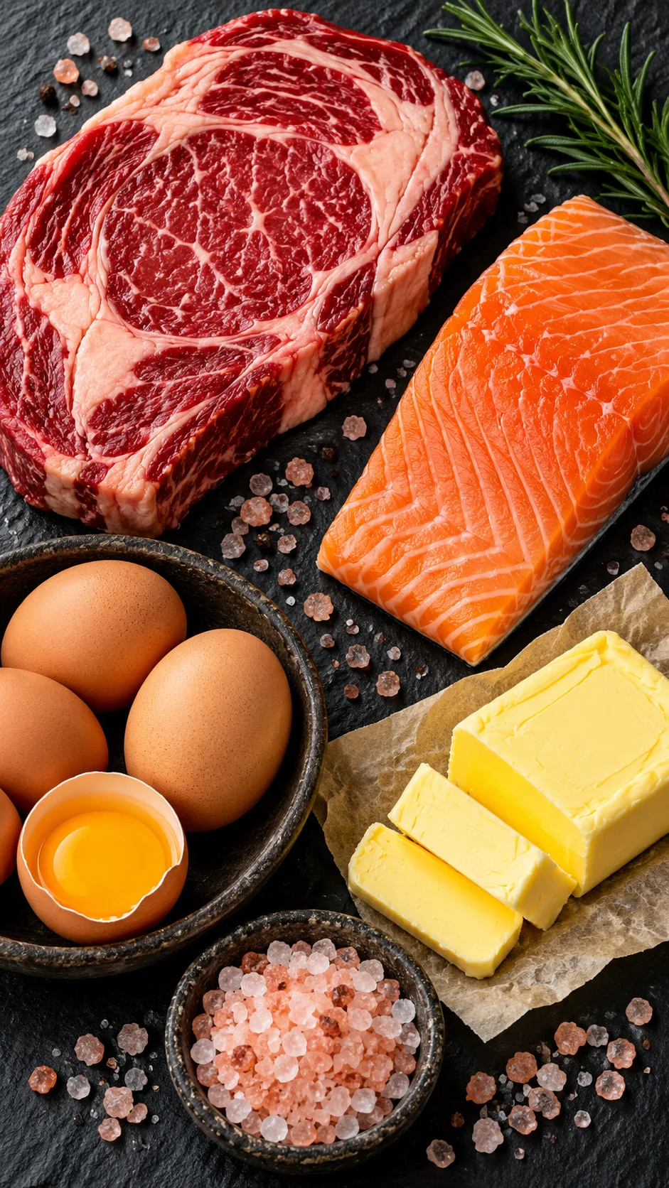 A flat-lay composition of zero-carb ingredients: raw marbled ribeye steak, fresh salmon fillet, pasture-raised eggs, rich yellow grass-fed butter, and coarse Himalayan pink salt on a dark slate background