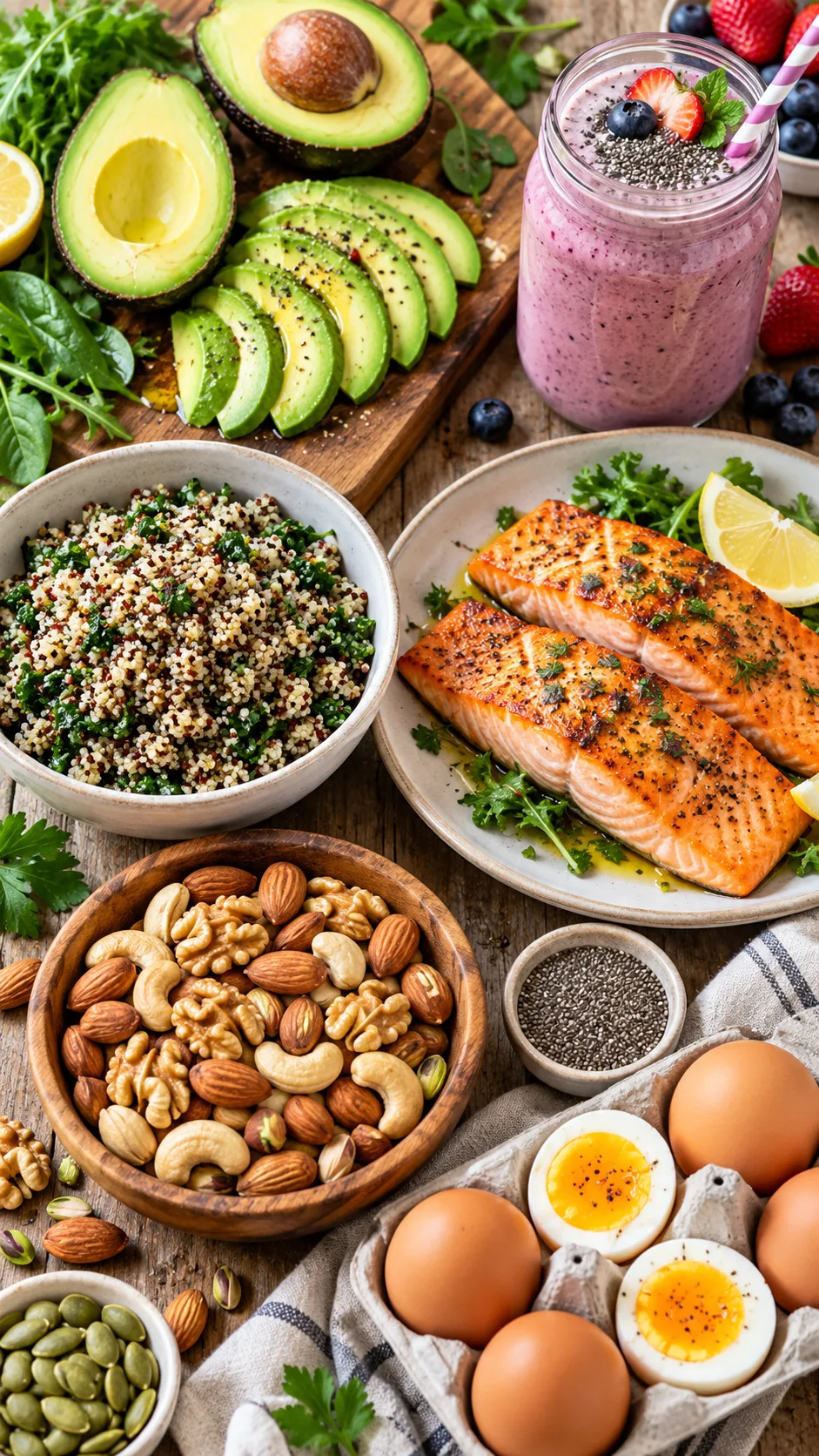 The Weight Gain Diet Plan for Women That Actually Works (No Junk Required) 1 A flat-lay table spread featuring vibrant, nutrient-dense foods for healthy weight gain including sliced avocados, bowls of quinoa, roasted salmon fillets, mixed raw nuts, whole eggs, and a creamy fruit smoothie jar in natural daylight.