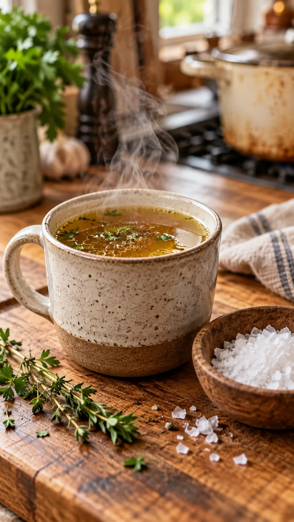 A steaming mug of rich, golden-brown bone broth sitting beside a bowl of flaky sea salt on an artisanal wooden kitchen counter, shallow depth of field