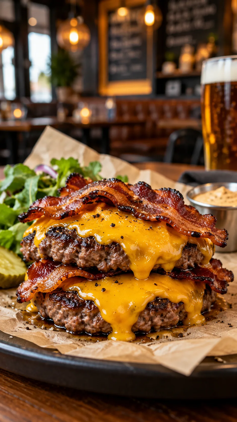 A clean restaurant setting featuring a plated juicy bunless double bacon cheeseburger on parchment paper, fresh beef patties, melted sharp cheddar, no bun, modern gastropub background