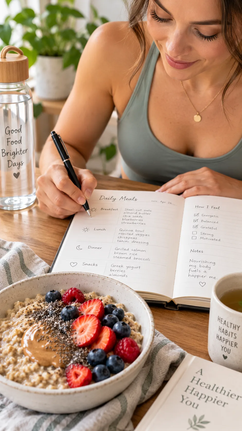 The Weight Gain Diet Plan for Women That Actually Works (No Junk Required) 2 A close-up shot of a healthy woman jotting down her daily meals in a clean wellness journal beside a bowl of steel-cut oats topped with almond butter, chia seeds, and fresh berries.