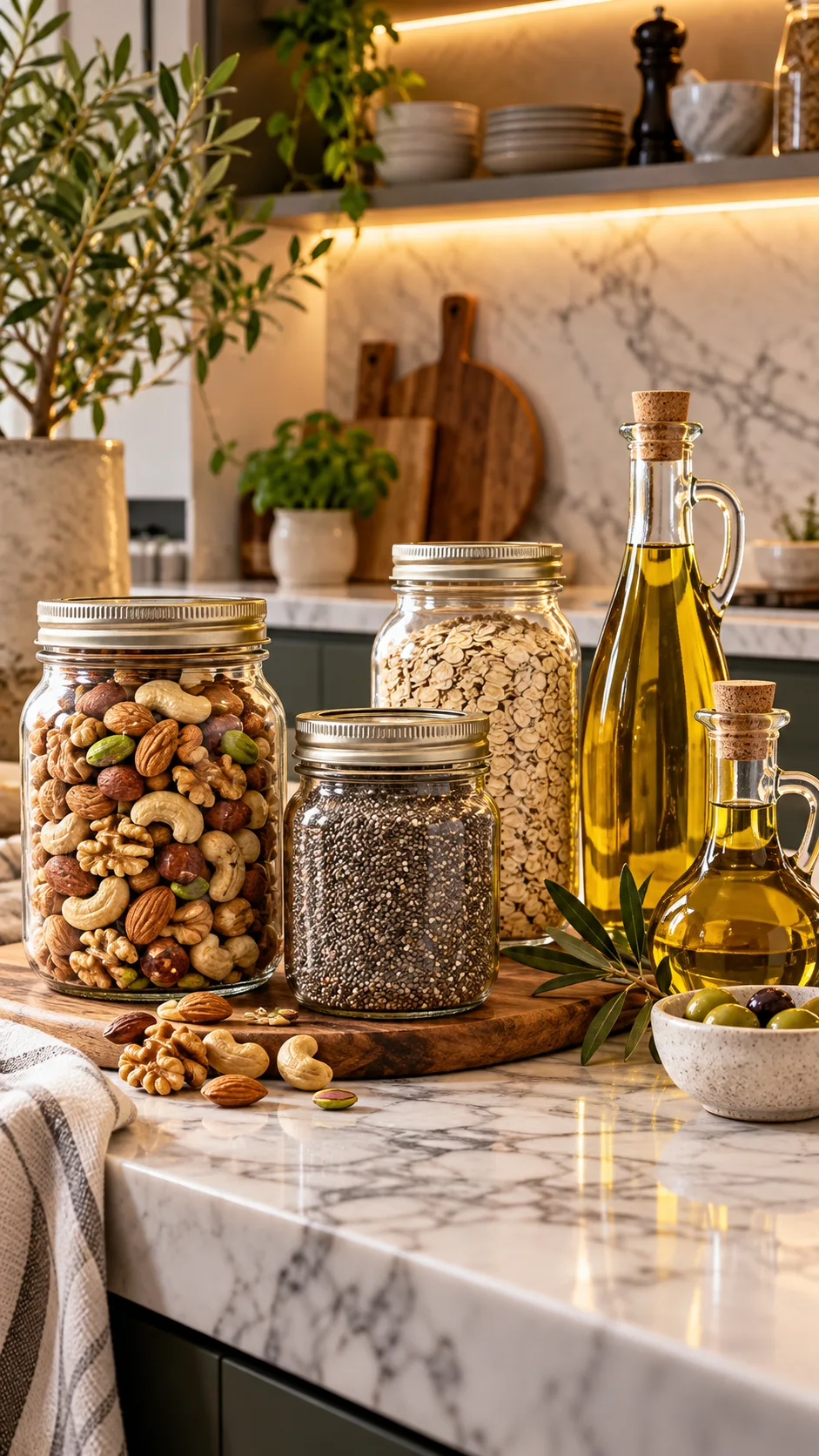 The Weight Gain Diet Plan for Women That Actually Works (No Junk Required) 3 A modern marble kitchen counter displaying mason jars filled with mixed nuts, chia seeds, rolled oats, and bottles of golden extra virgin olive oil under warm ambient lighting.