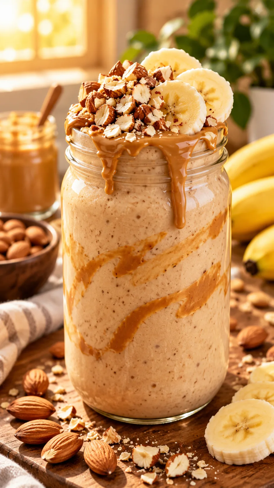 The Weight Gain Diet Plan for Women That Actually Works (No Junk Required) 4 A delicious, high-calorie homemade smoothie in a tall glass jar, garnished with crushed almonds, sliced bananas, and a swirl of peanut butter against a warm morning sunlit background.