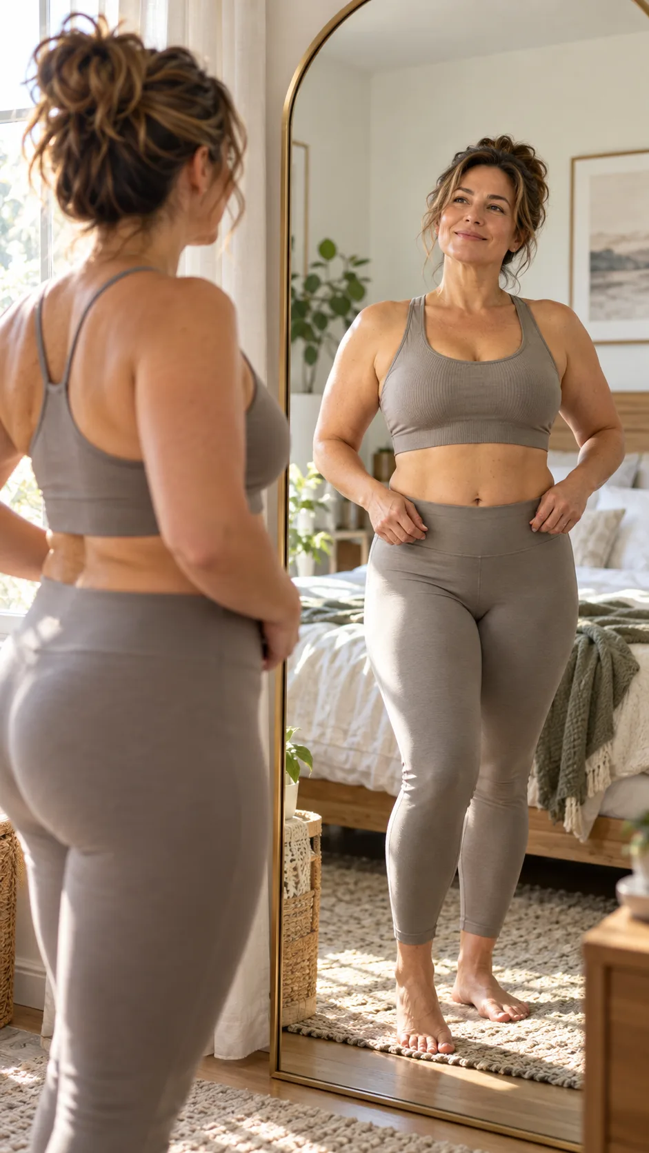 Carnivore Diet Before and After Women: Real Results That Will Shock You 1 Natural lifestyle photography of an adult woman in her 40s looking confidently at her progress in a bedroom mirror, wearing comfortable neutral activewear, realistic body diversity, soft morning light, no exaggerated body transformation, health-focused editorial style