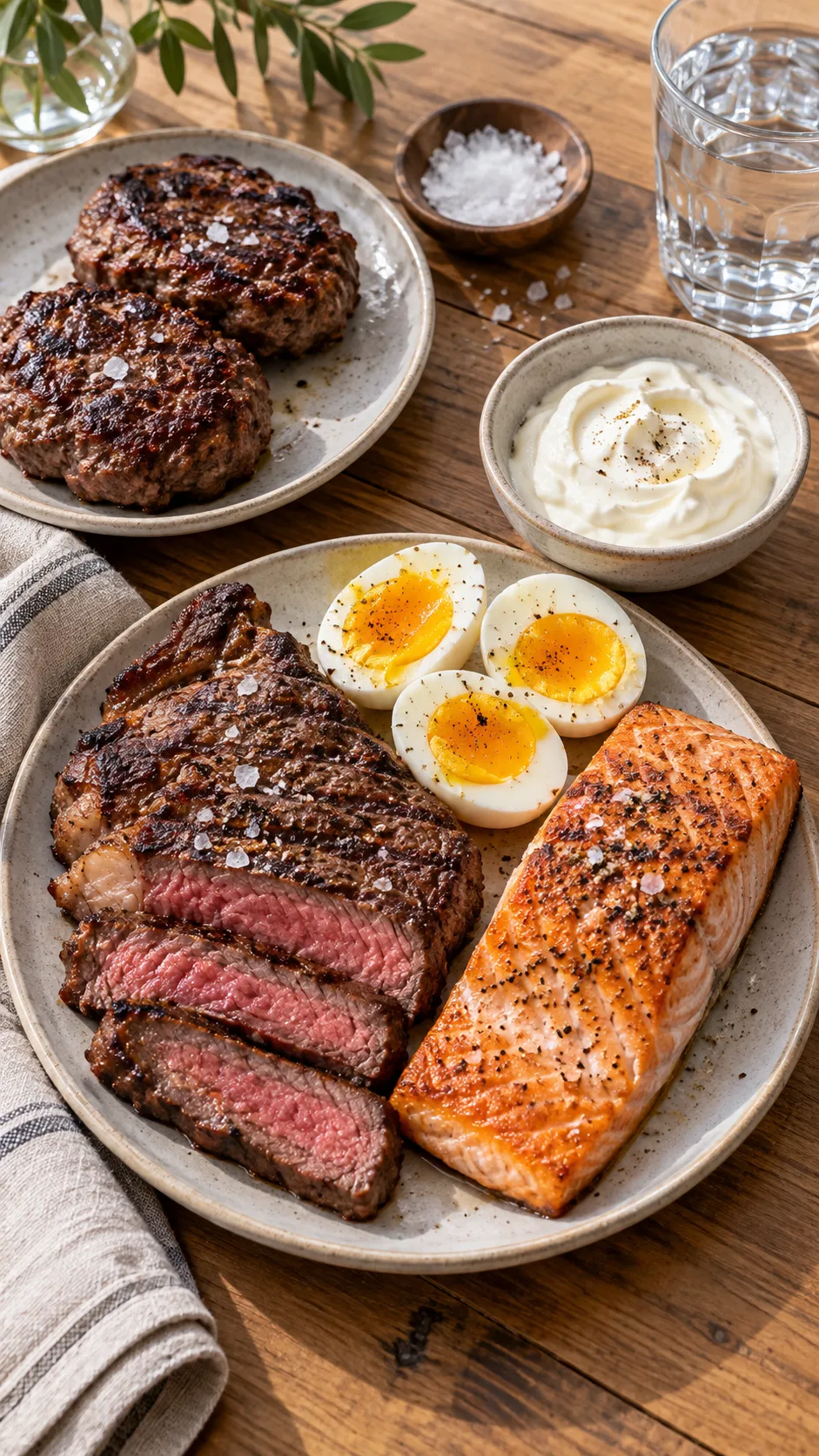 Carnivore Diet Before and After Women: Real Results That Will Shock You 3 Realistic overhead food photography of a balanced carnivore diet meal for a woman: grilled steak, salmon, boiled eggs, burger patties, small bowl of Greek yogurt, salt flakes, glass of water, clean wooden table, bright natural daylight, editorial nutrition photography