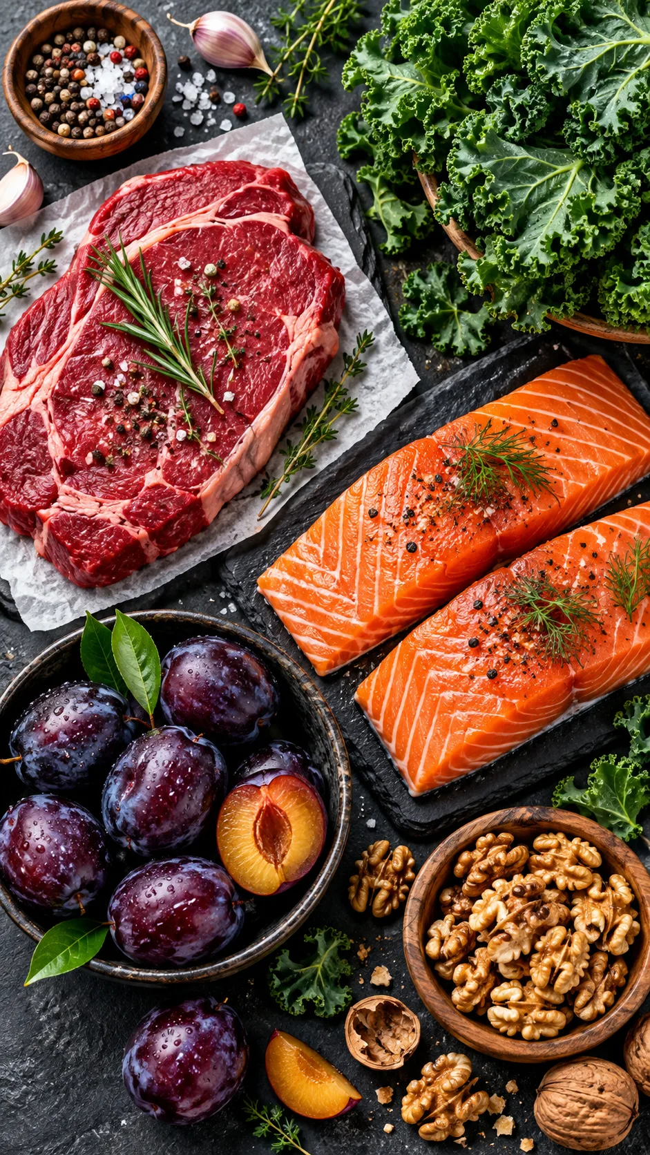 A vibrant top-down flat-lay kitchen counter showcasing fresh lean beef, wild salmon, leafy green kale, dark plums, and walnuts arranged neatly on a dark slate background, professional culinary photography