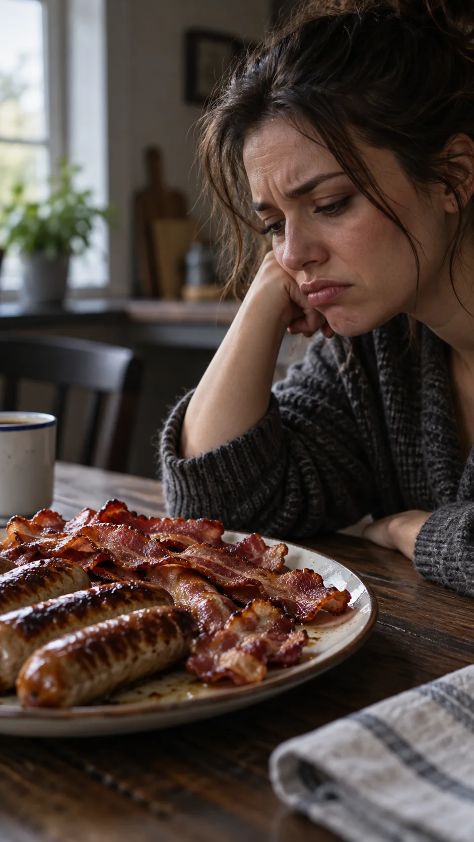 A disappointed person staring at an unhealthy plate loaded with greasy processed bacon and fried sausages, moody natural lighting, shot from a side angle