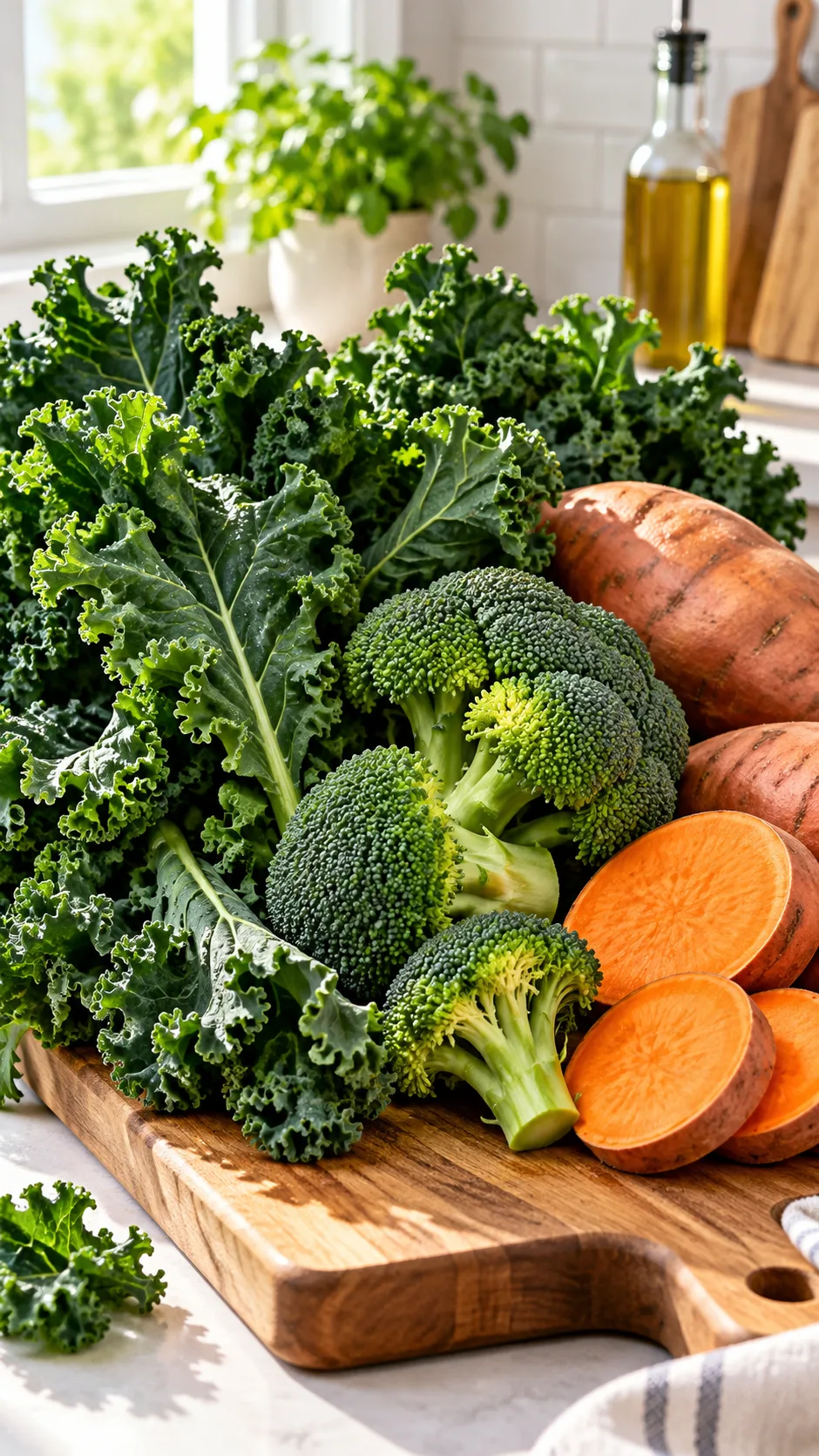 A wooden cutting board overflowing with dark leafy greens like raw kale, fresh broccoli florets, and deep orange sweet potatoes, bright kitchen morning light