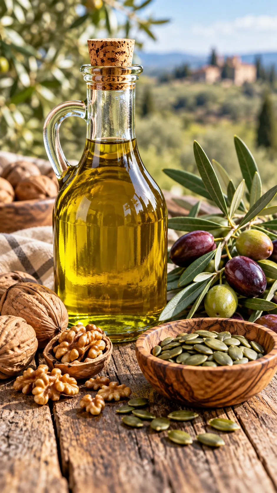 A glass bottle of extra virgin olive oil sitting next to fresh walnuts, pumpkin seeds, and a branch of ripe olives on a rustic wooden table