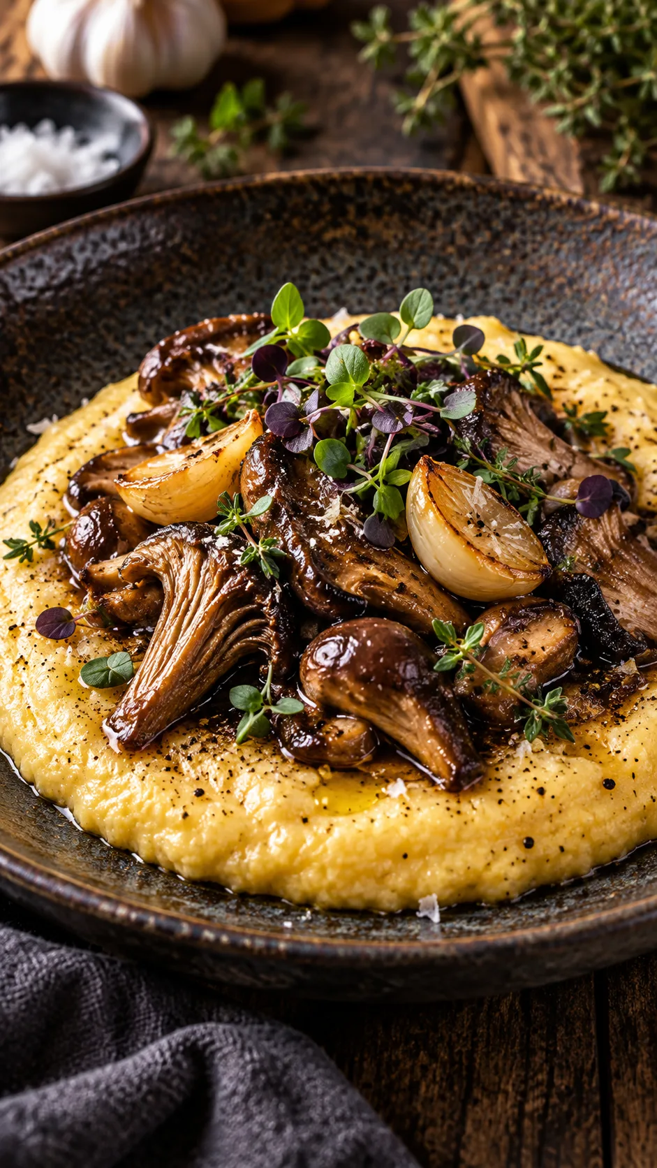 Soft Food Diet Meals That Are Actually Satisfying (Not Just Mashed Potatoes) 1 A beautifully styled bowl of creamy polenta topped with silky braised mushrooms, garlic confit, and fresh micro herbs on a rustic dark ceramic plate