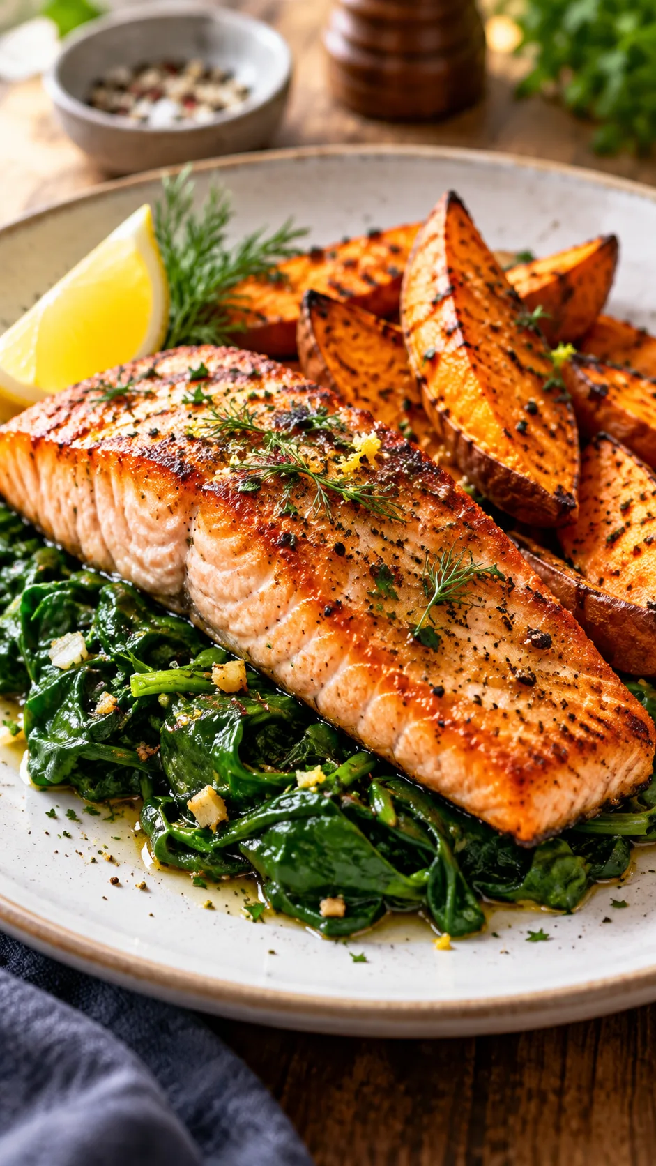 A delicious plated lunch featuring a pan-seared wild salmon fillet over a bed of steamed dark spinach and roasted sweet potato wedges, restaurant quality presentation