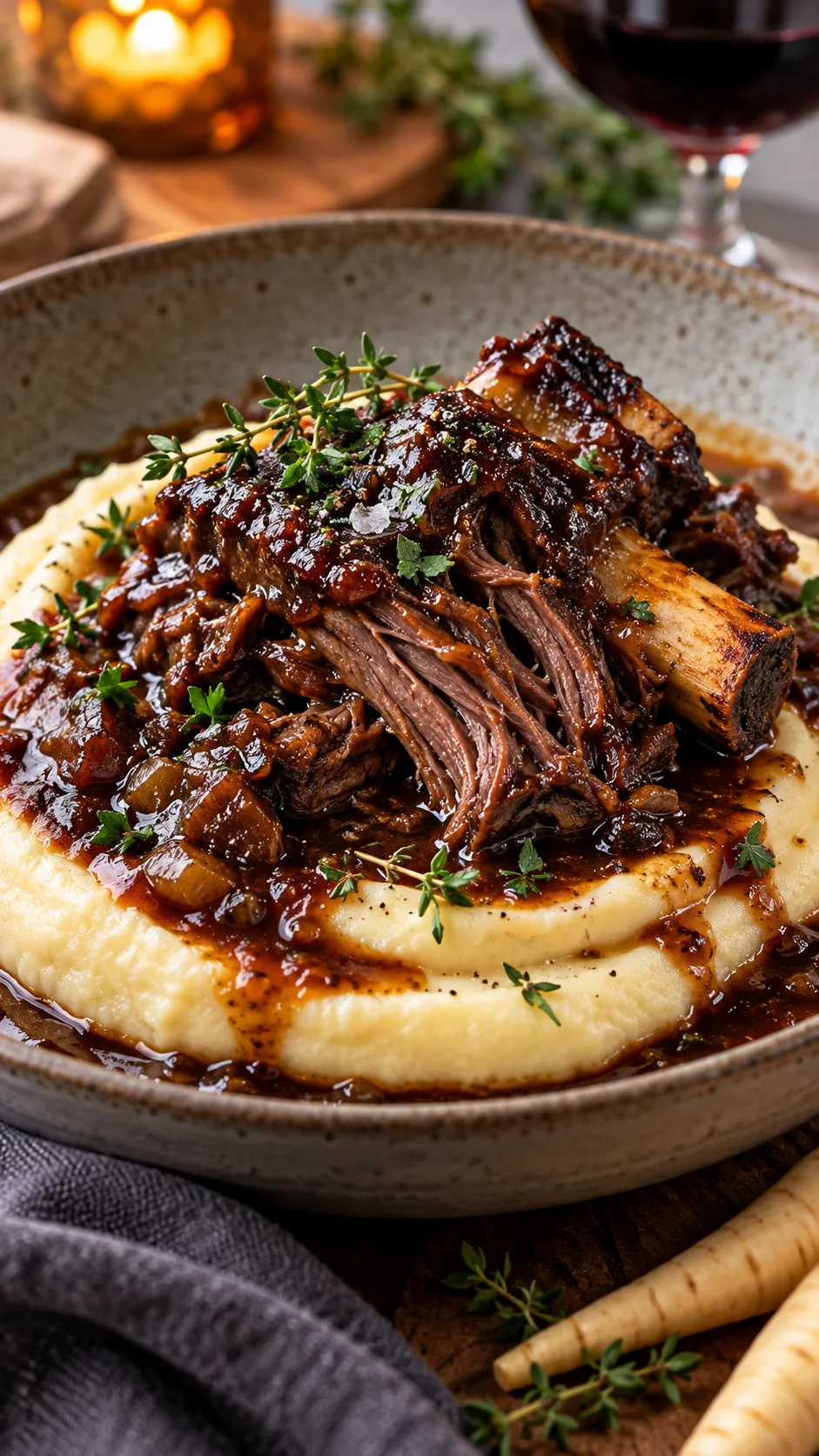 Soft Food Diet Meals That Are Actually Satisfying (Not Just Mashed Potatoes) 3 A bowl of slow-cooked pulled braised beef short ribs in rich glossy reduction sauce resting over smooth parsnip puree