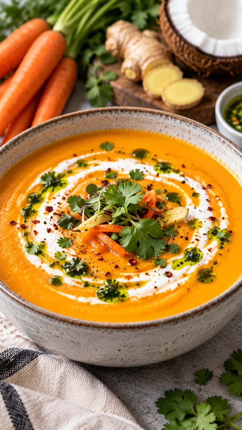 Soft Food Diet Meals That Are Actually Satisfying (Not Just Mashed Potatoes) 4 A modern gourmet soup bowl filled with vibrant orange carrot ginger coconut soup, swirled with white cream and herb oil