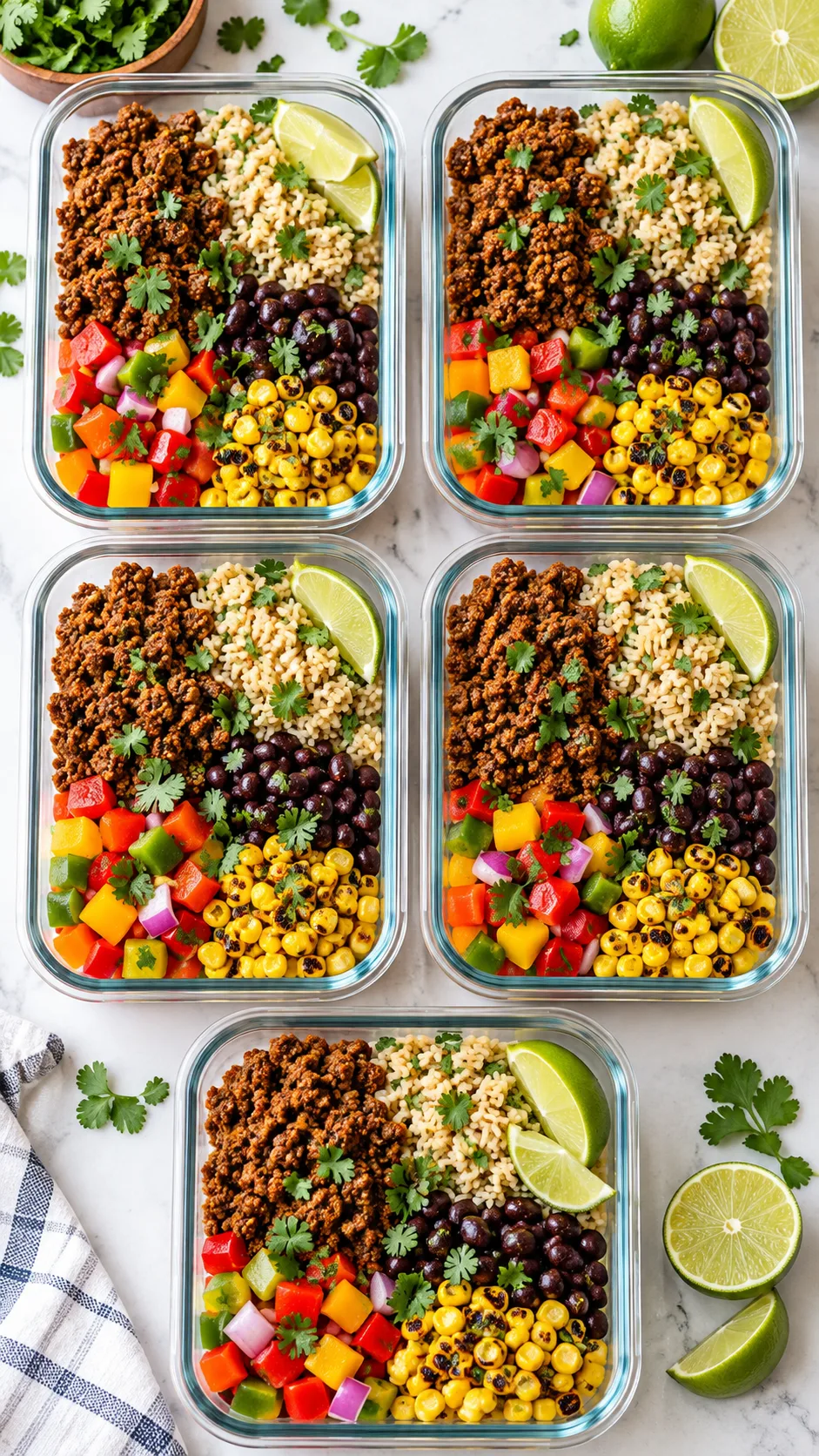 Overhead shot of five glass meal prep containers filled with vibrant taco bowls containing spiced ground beef, cilantro lime brown rice, black beans, blistered corn, and colorful diced bell peppers, garnished with fresh lime wedges on a clean white kitchen counter
