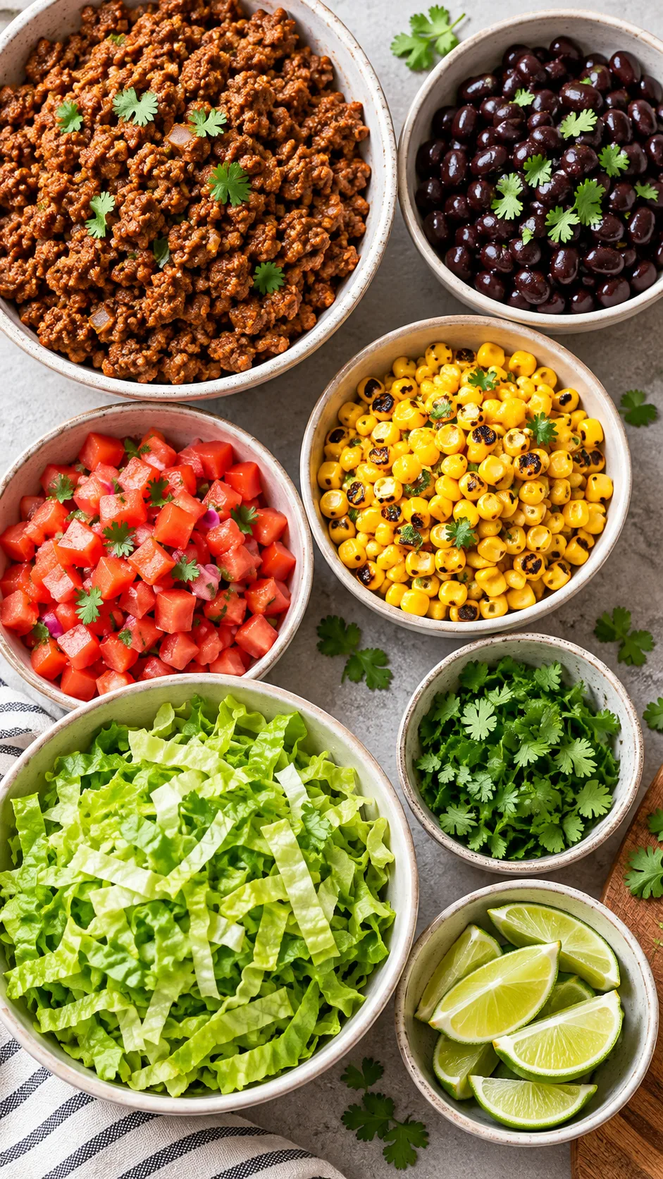 Deconstructed view of taco bowl ingredients laid out neatly in separate ceramic bowls: seasoned lean beef, black beans, charred corn, diced tomatoes, shredded romaine, chopped cilantro, and lime wedges
