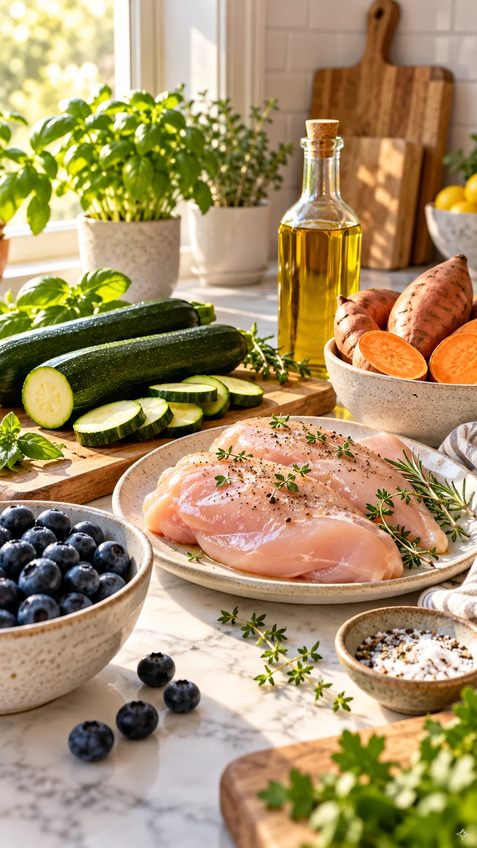 The Histamine Intolerance Diet Plan That Finally Stopped My Mystery Symptoms 1 A vibrant, bright kitchen counter displaying fresh low-histamine ingredients like crisp zucchini, fresh chicken breast, olive oil, sweet potatoes, and blueberries, shot with warm natural morning sunlight in modern editorial style.