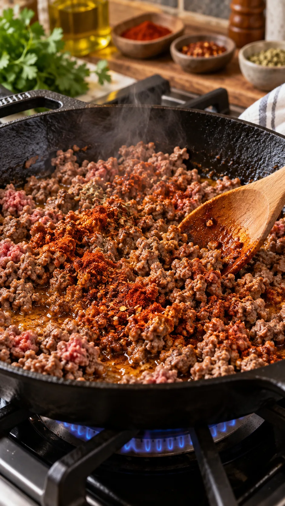 Cooking process shot of seasoned ground beef browning with rich red spices in a black cast iron skillet on a gas range, wooden spoon stirring the meat
