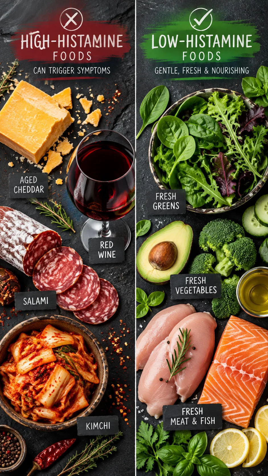 The Histamine Intolerance Diet Plan That Finally Stopped My Mystery Symptoms 2 A flat-lay comparison showing forbidden high-histamine foods like aged cheddar, red wine, salami, and kimchi on dark slate, contrasted with fresh low-histamine greens and clean cuts of meat.