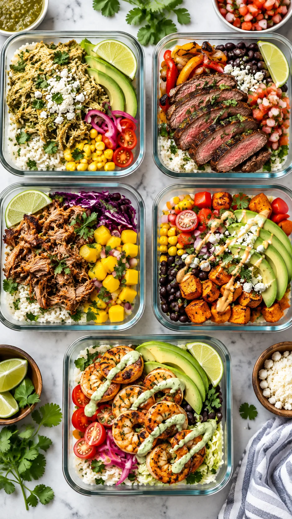 Five different colorful meal prep taco bowls arranged in a neat grid, featuring shredded salsa verde chicken, grilled flank steak, crispy carnitas with mango, spiced sweet potato and black beans, and grilled shrimp with avocado