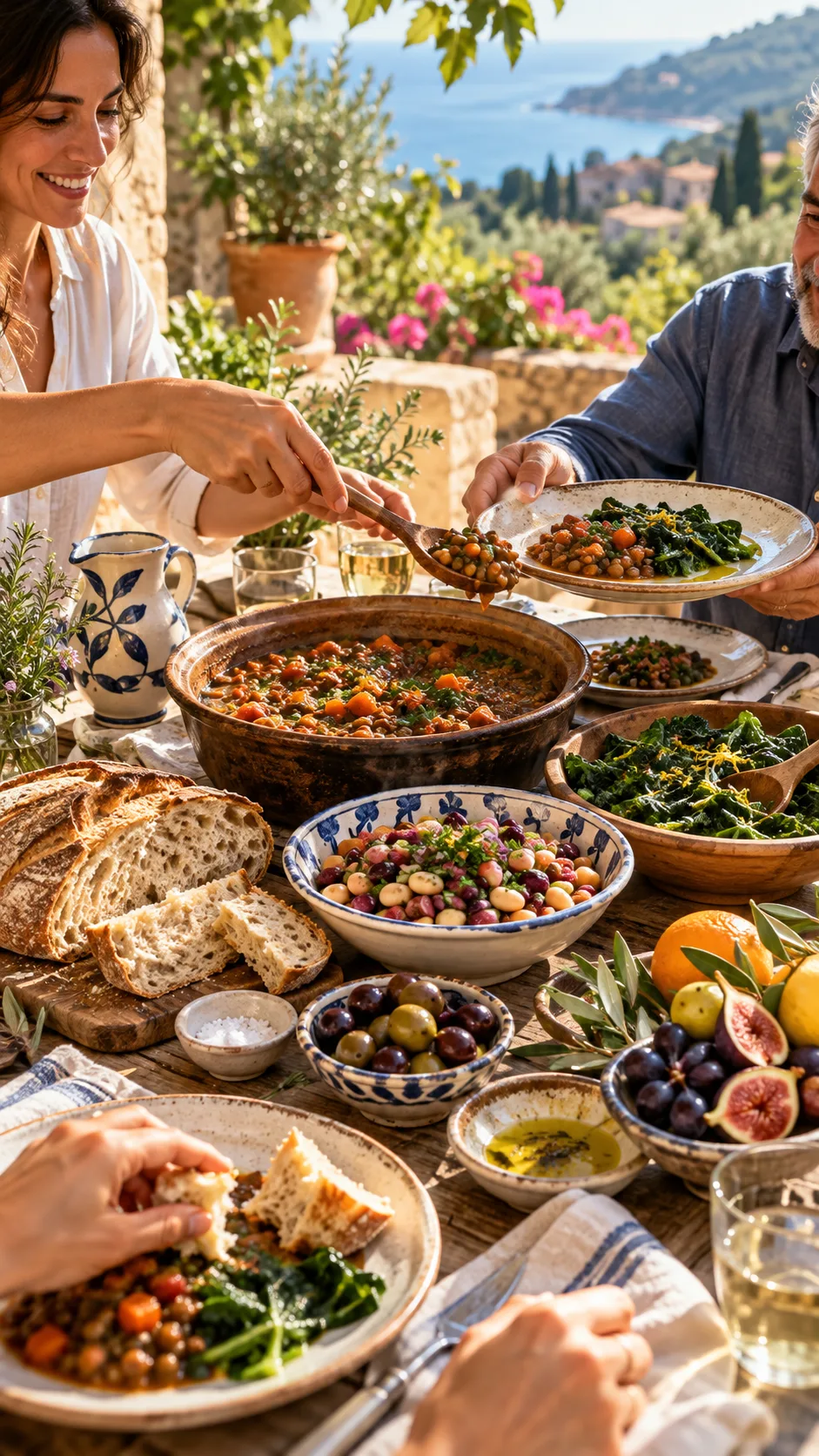 The Blue Zone Diet Secrets Longest-Living People Actually Follow 1 Warm editorial food photography of a rustic Blue Zone inspired family meal: colorful beans, lentil stew, leafy greens, sourdough bread, olives, fresh fruit, and simple ceramic plates on a sunlit wooden table, candid hands serving food, Mediterranean countryside mood, natural light