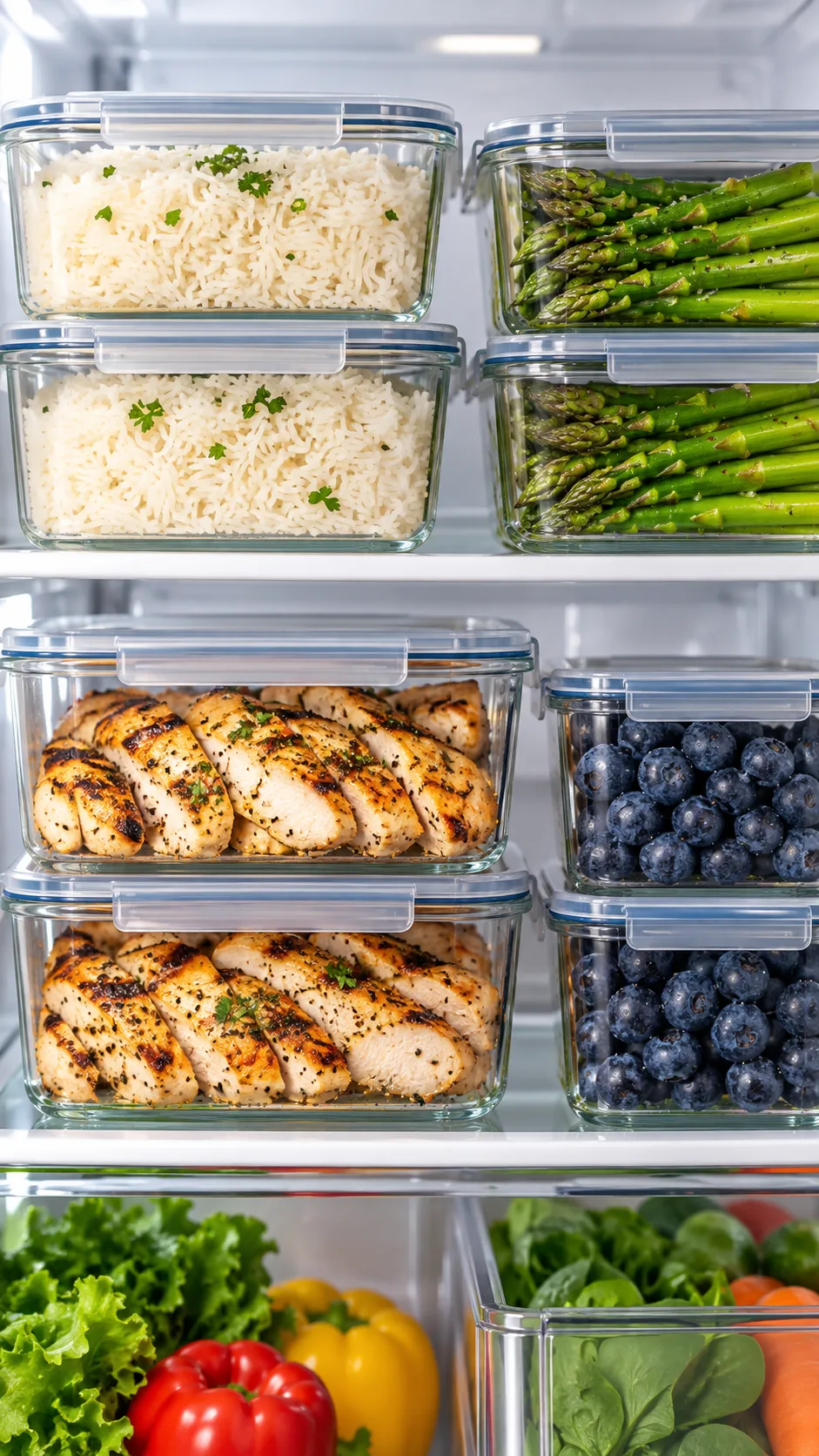 The Histamine Intolerance Diet Plan That Finally Stopped My Mystery Symptoms 3 A beautifully organized refrigerator shelf loaded with fresh glass meal prep containers containing plain basmati rice, steamed asparagus, freshly grilled chicken breast, and fresh blueberries.