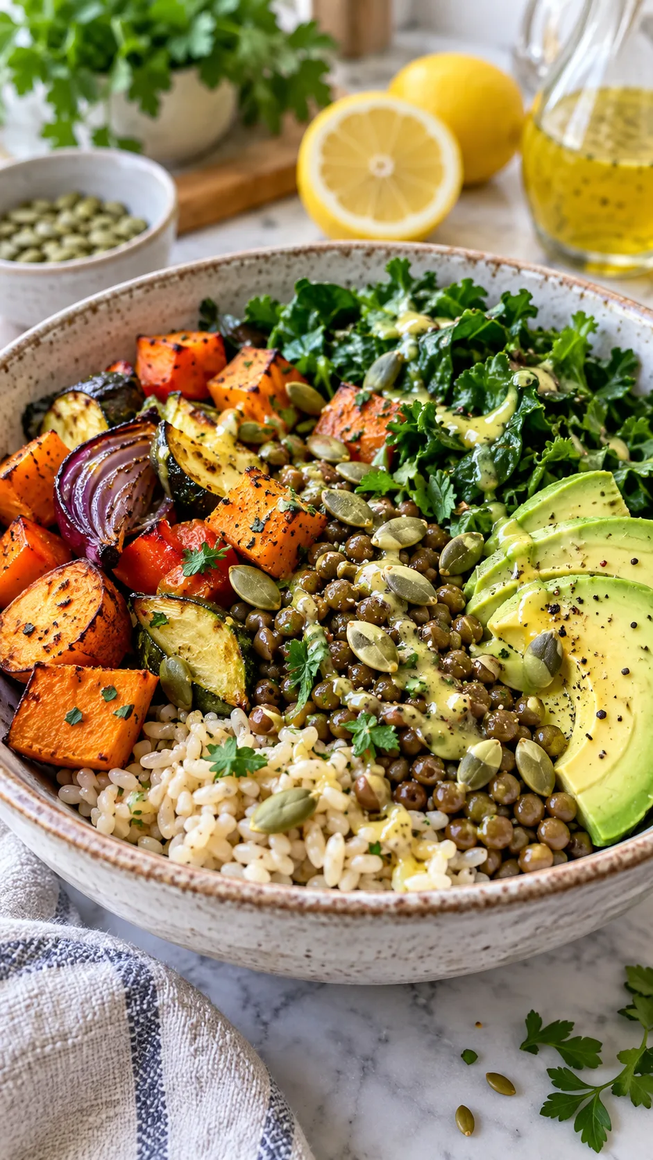 The Blue Zone Diet Secrets Longest-Living People Actually Follow 3 Close-up lifestyle food photography of a Blue Zone inspired grain and bean bowl with brown rice, lentils, roasted vegetables, leafy greens, avocado, pumpkin seeds, and lemon dressing in a handmade ceramic bowl, bright natural kitchen light