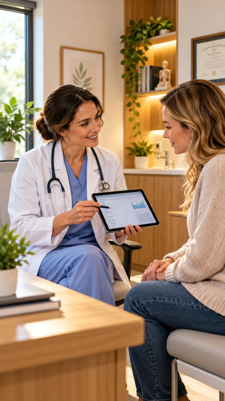 The Histamine Intolerance Diet Plan That Finally Stopped My Mystery Symptoms 4 A doctor and patient sitting together discussing test results in a bright, modern clinic office with warm lighting and wooden accents.