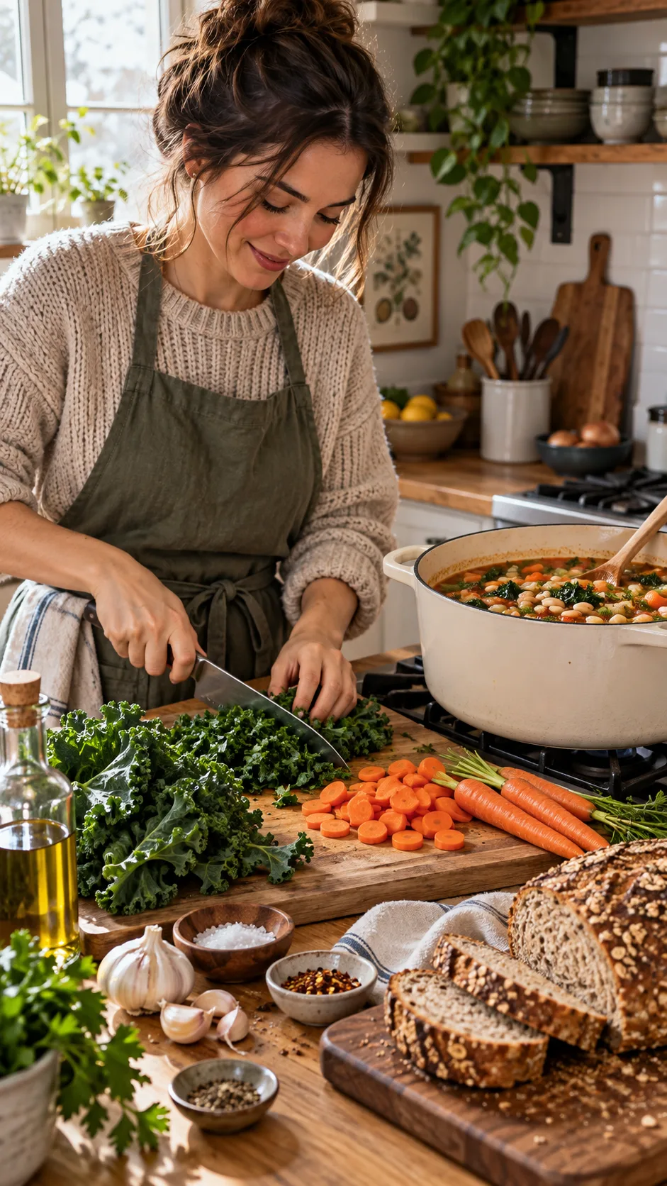 The Blue Zone Diet Secrets Longest-Living People Actually Follow 4 Authentic home kitchen scene of a person preparing a hearty vegetable and white bean soup in a large pot, chopping kale and carrots on a wooden counter, olive oil, garlic, whole grain bread nearby, cozy documentary food photography