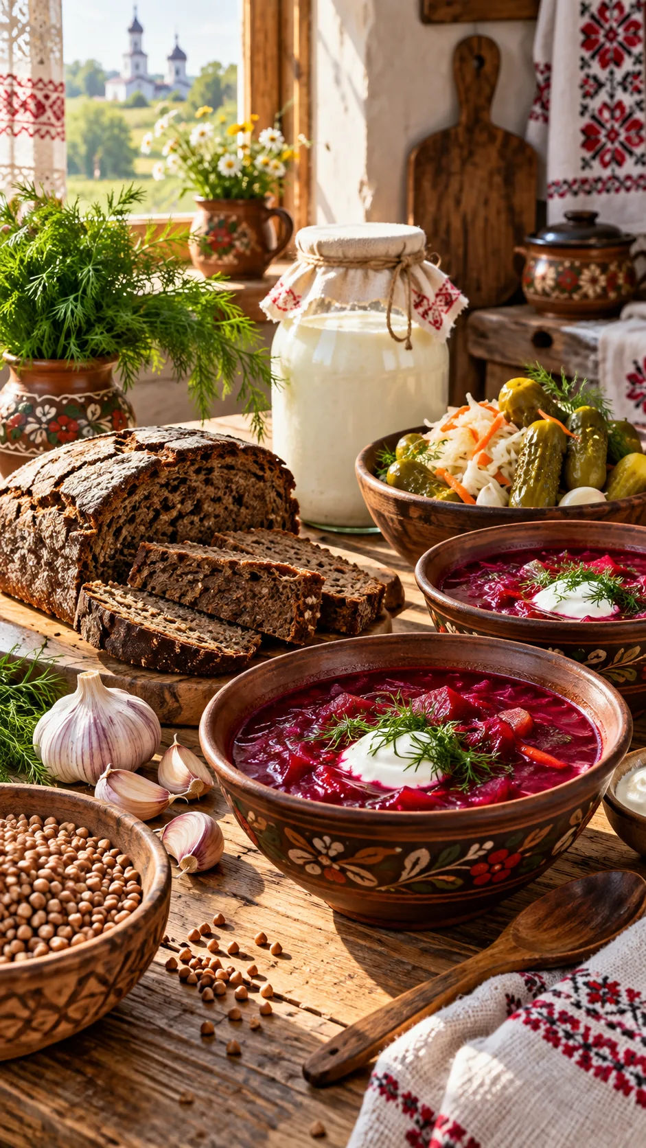The Slavic Diet Secrets Eastern Europeans Have Eaten for Centuries 1 A rustic wooden kitchen table in Eastern Europe displaying traditional Slavic foods: dark sourdough rye bread, bowls of vibrant purple borscht, fermented pickles, a jar of homemade kefir, fresh dill, garlic cloves, and raw buckwheat groats in morning sunlight