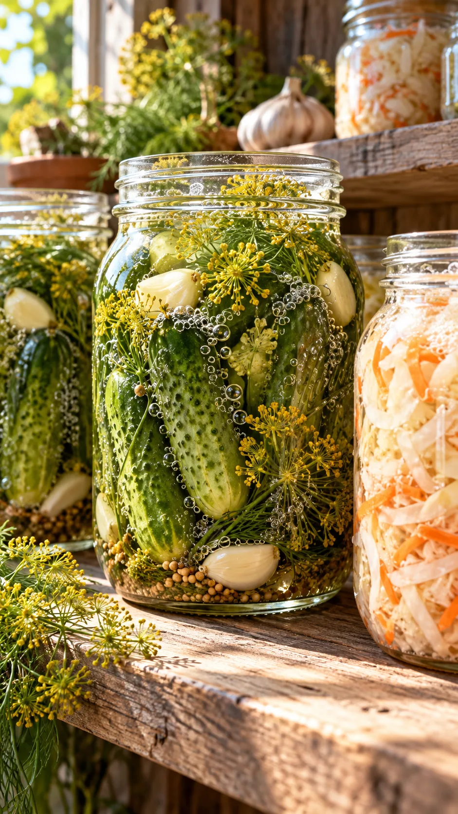 The Slavic Diet Secrets Eastern Europeans Have Eaten for Centuries 2 Close up shot of glass mason jars packed with traditional lacto-fermented cucumbers, dill blossoms, garlic cloves, and shredded cabbage bubbling with active probiotics on a sunlit rustic wooden shelf