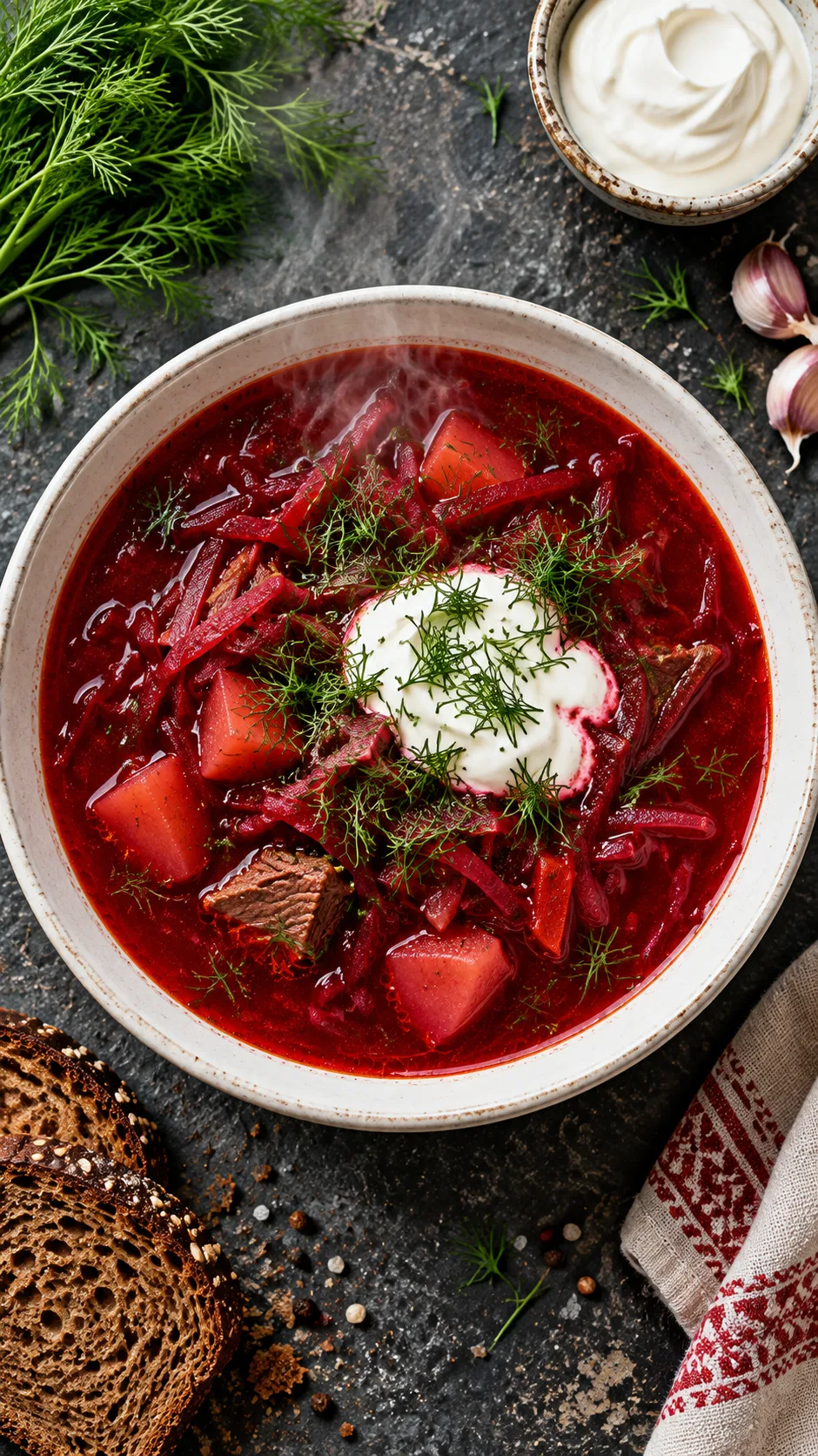 The Slavic Diet Secrets Eastern Europeans Have Eaten for Centuries 3 A steaming white ceramic bowl of authentic Eastern European beet borscht garnished with vibrant green chopped dill and a dollop of white smetana sour cream, shot overhead on an aged slate surface