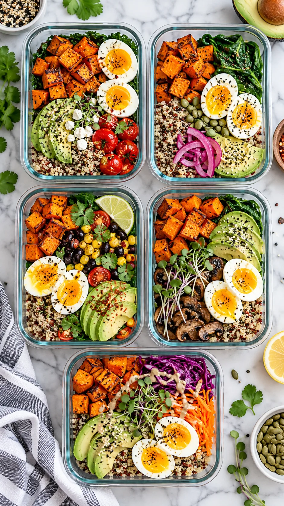 Overhead flat-lay photograph of five colorful meal prep glass containers filled with different breakfast bowls featuring roasted sweet potatoes, soft-boiled eggs, quinoa, avocado slices, and vibrant greens on a bright marble kitchen counter.