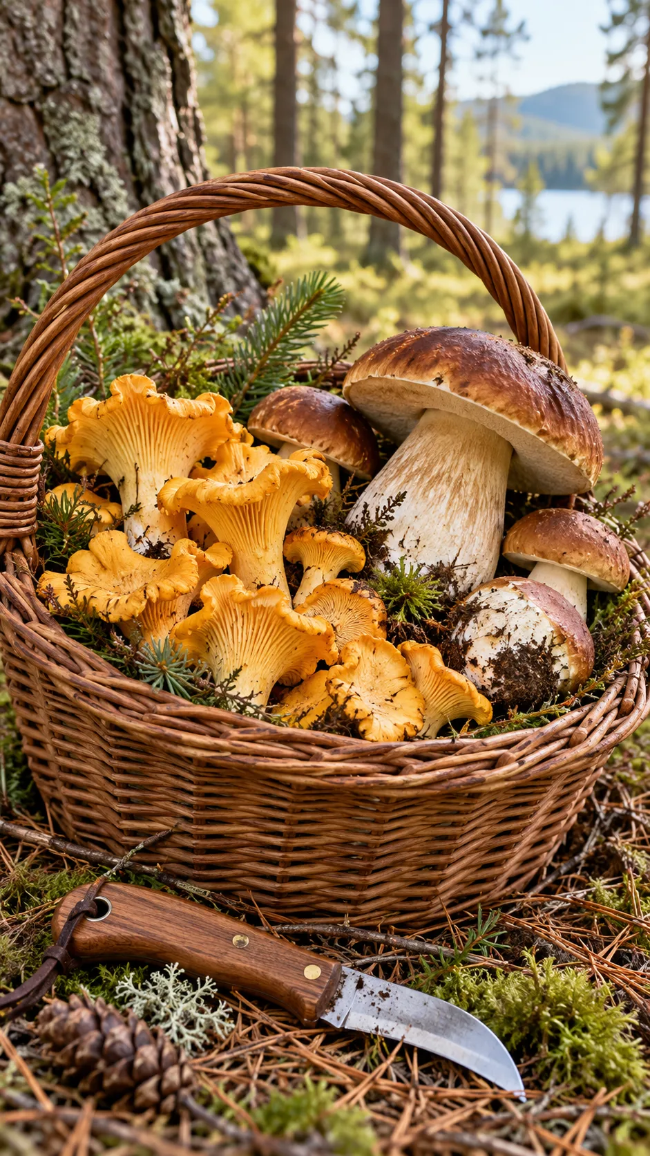 The Slavic Diet Secrets Eastern Europeans Have Eaten for Centuries 4 A wicker basket full of freshly foraged wild forest mushrooms including chanterelles and king boletes, resting on pine needles next to a small wooden foraging knife