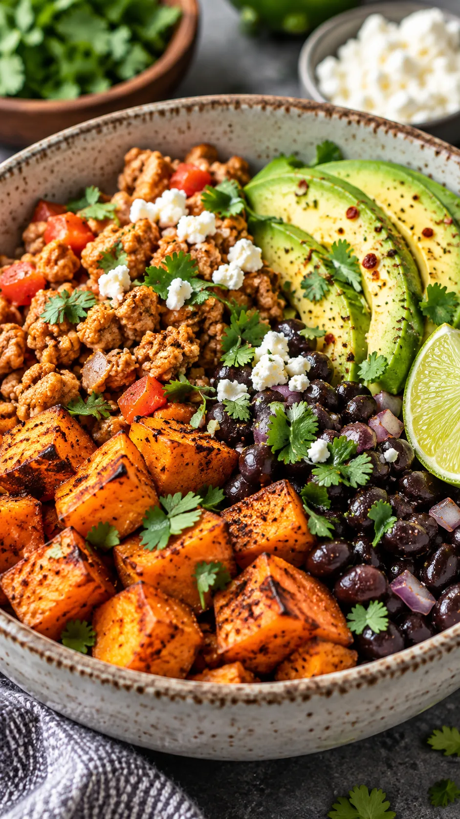 Close-up culinary shot of an assembled Southwestern breakfast bowl with roasted sweet potato cubes, black beans, seasoned ground turkey, sliced avocado, and a fresh lime wedge in a rustic ceramic bowl.