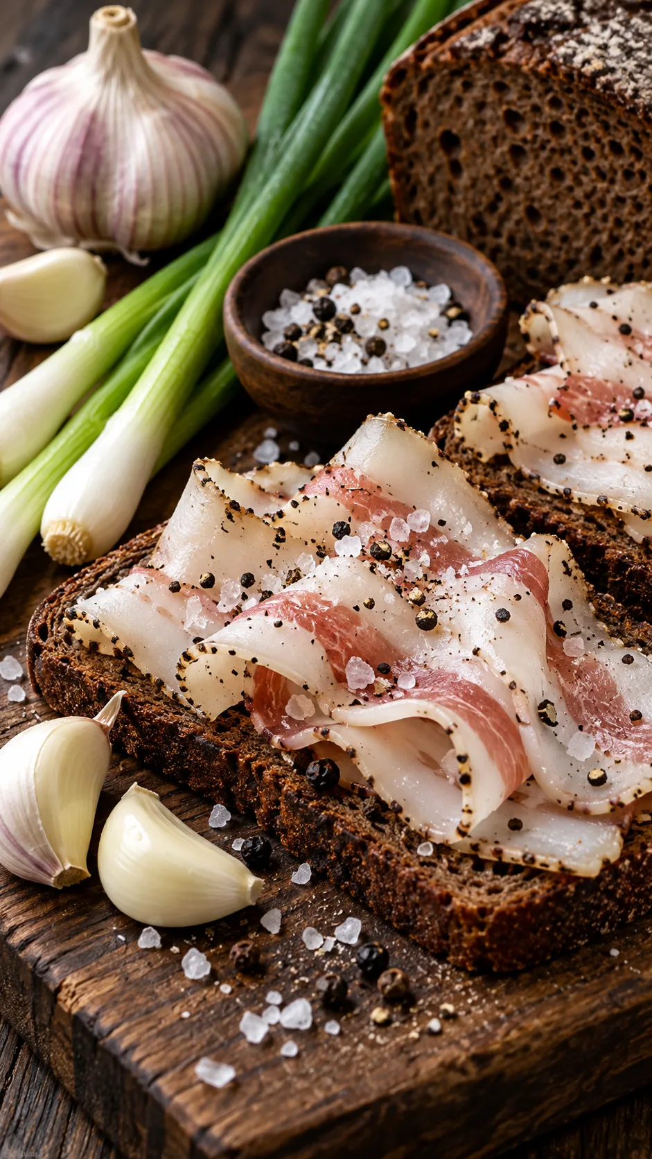 The Slavic Diet Secrets Eastern Europeans Have Eaten for Centuries 5 Thin translucent slices of cured pork salo seasoned with cracked black pepper and coarse sea salt, served on dark sourdough rye bread beside raw garlic cloves and spring onions