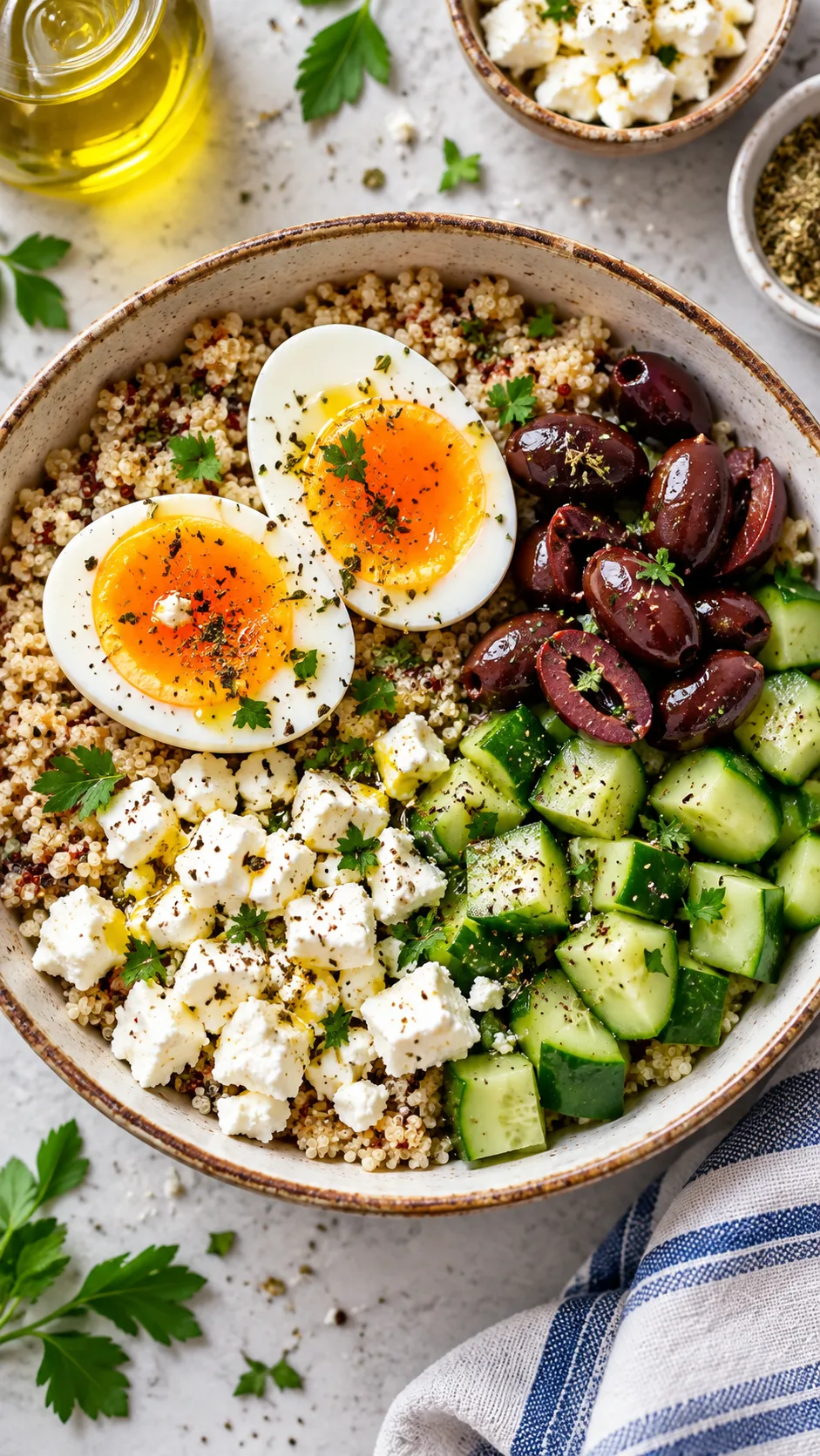 Overhead view of a Mediterranean breakfast bowl featuring cooked fluffy quinoa, halved jammy eggs with bright orange yolks, kalamata olives, diced cucumbers, and crumbled feta cheese.