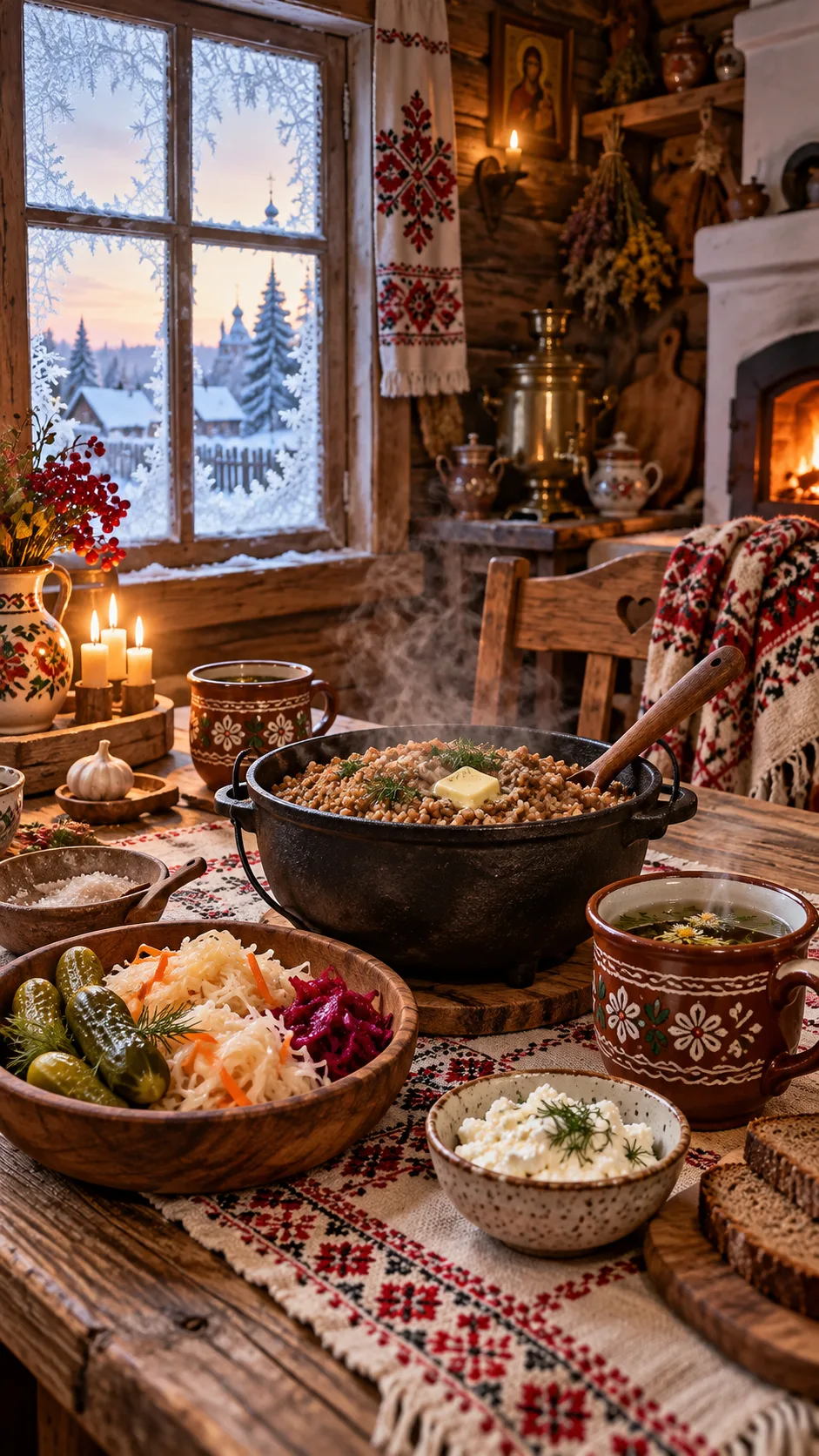 The Slavic Diet Secrets Eastern Europeans Have Eaten for Centuries 6 A cozy rustic wooden cottage dining room in Eastern Europe with an iron pot of buckwheat porridge, fermented foods, ceramic mugs of herbal tea, and frost on the window panes outside