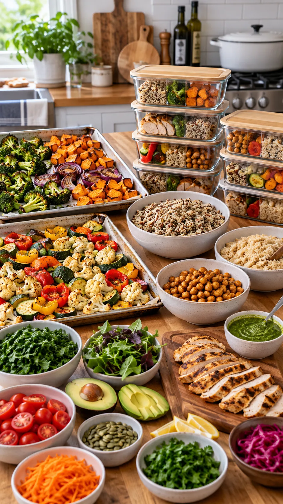 A kitchen scene displaying batch-cooking components laid out systematically on a butcher block table: sheet pans of roasted vegetables, bowls of grains, and stackable glass meal prep containers.