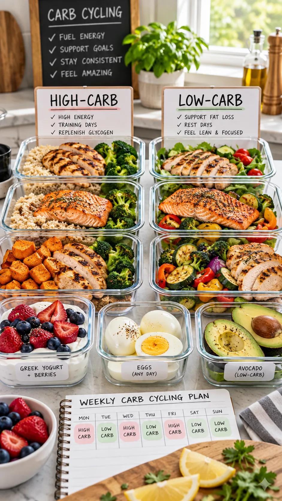 Bright realistic food photography of a weekly carb cycling meal prep setup on a clean kitchen counter, with labeled high-carb and low-carb containers holding grilled chicken, salmon, rice, sweet potatoes, roasted vegetables, Greek yogurt, berries, eggs, and avocado, natural window light, healthy approachable lifestyle aesthetic